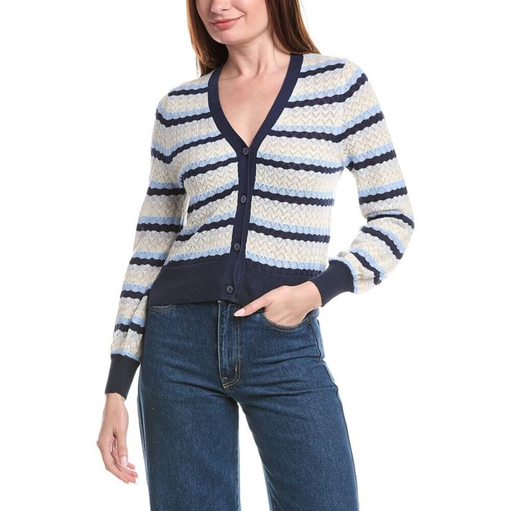 &Isla Womens  Ayla Pointelle Stripe Cardigan, Navy